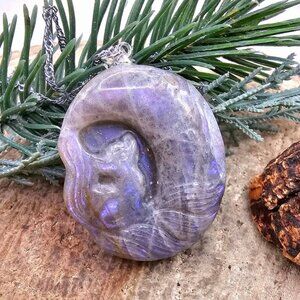 Nature Labradorite Carved Flashy Nine Tails fox On Moon Pendant Necklace